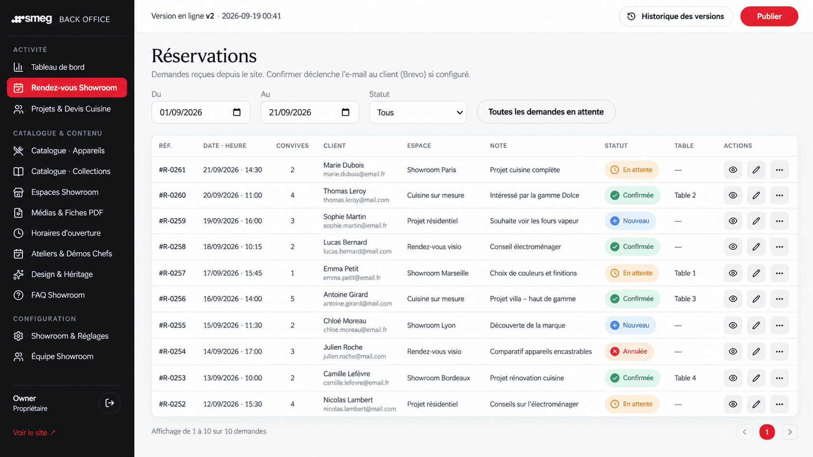 Vue de gestion des réservations avec filtres, statuts et actions rapides.