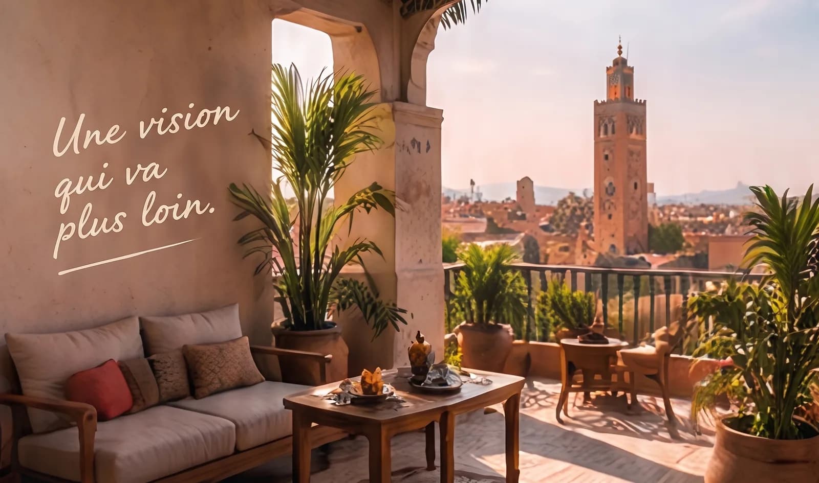 Terrasse sur les toits de Marrakech avec canapé en bois, plantes et le minaret de la Koutoubia au couchant