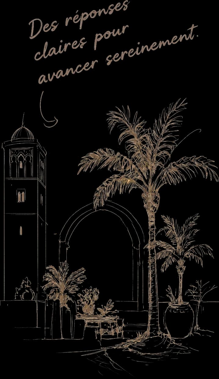 Croquis à l’encre d’un palmier, d’une arche mauresque et d’un minaret, légendé : des réponses claires pour avancer sereinement