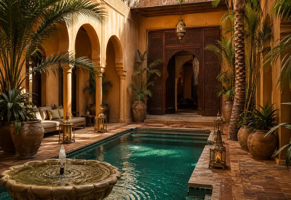 Image conceptuelle : bassin turquoise de riad bordé de colonnes, de transats et de palmiers