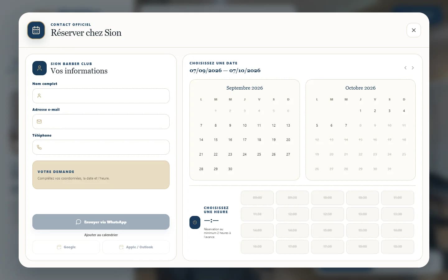 Sion Barber Club — Ordinateur · Parcours de demande