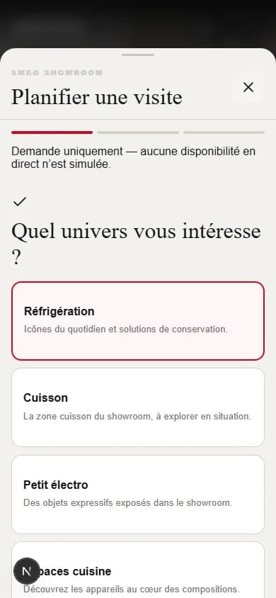 SMEG Immersive Showroom — Mobile · Parcours de demande