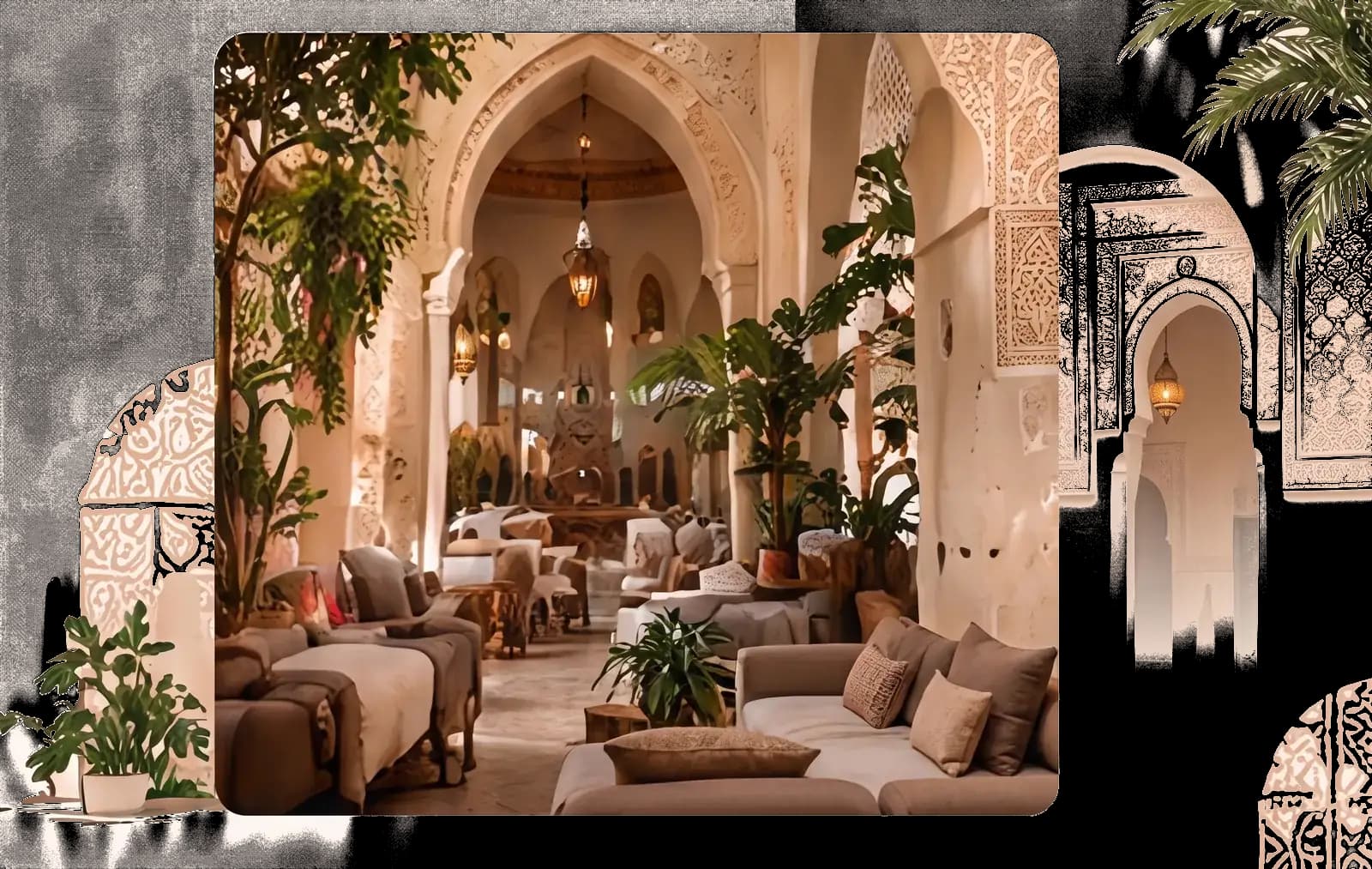 Salon marocain sous des arcs brisés, avec lanternes, plantes et canapés crème