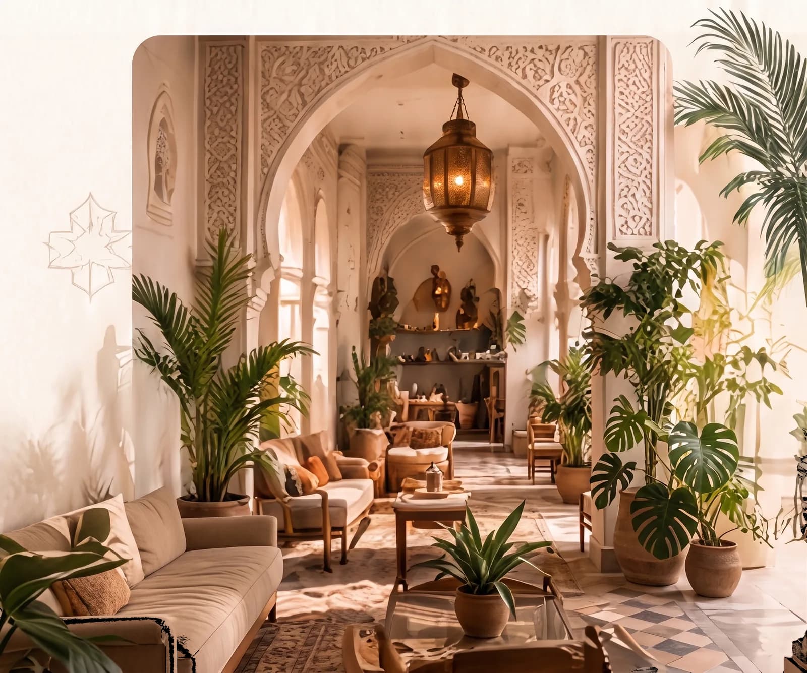 Salon de riad avec arche en plâtre sculpté, lanterne en laiton, canapés bas et palmiers en pot